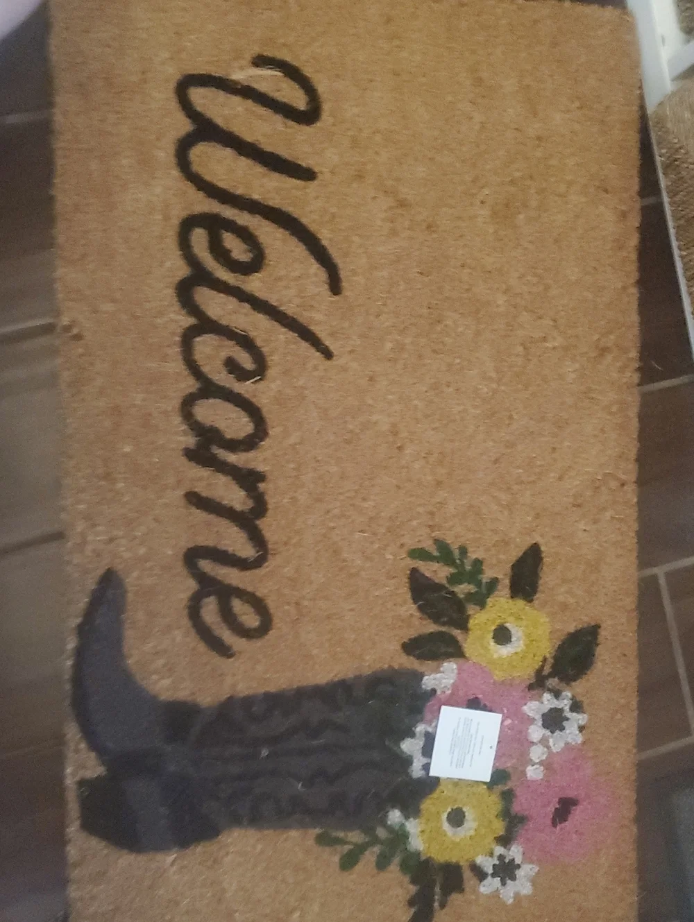 Welcome Floral Boot Coir Doormat - Pink & Yellow Flower Design